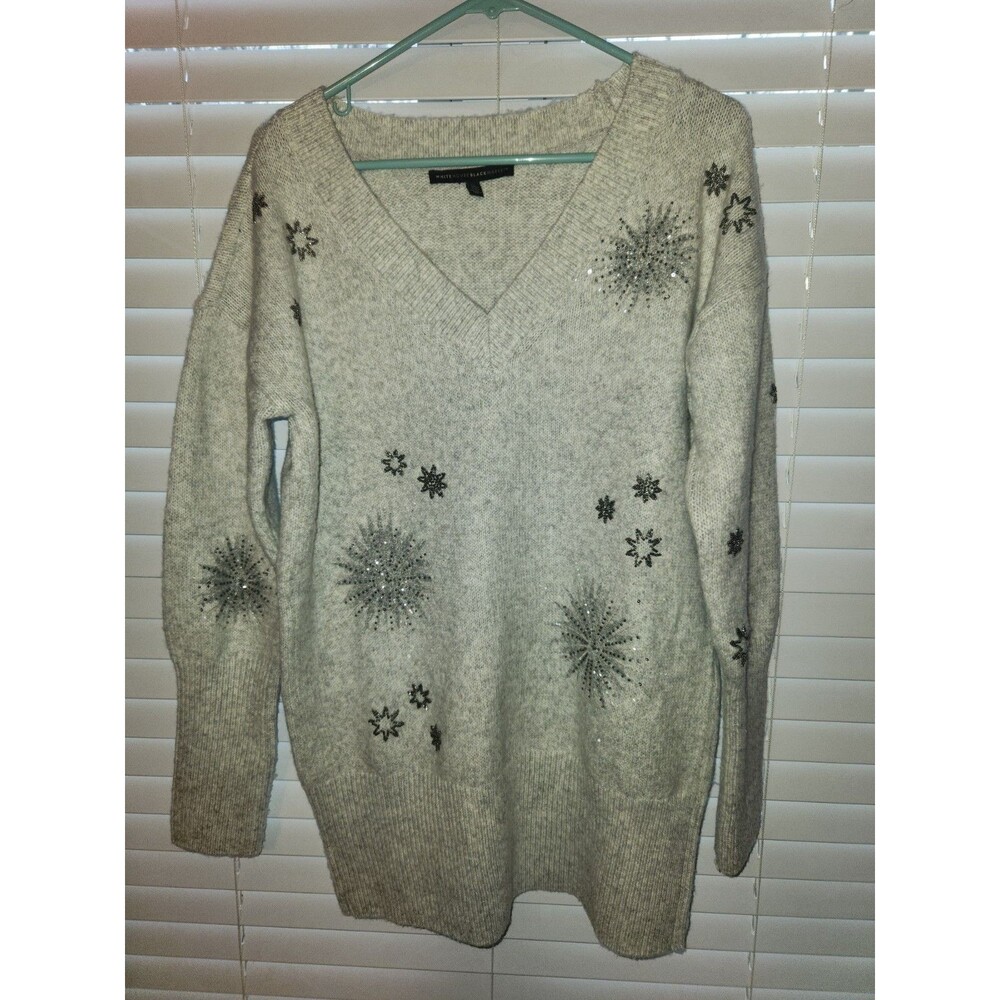 White House Black Market Wool Blend Beaded Snowflake Sweater Long Sz L gray Xmas